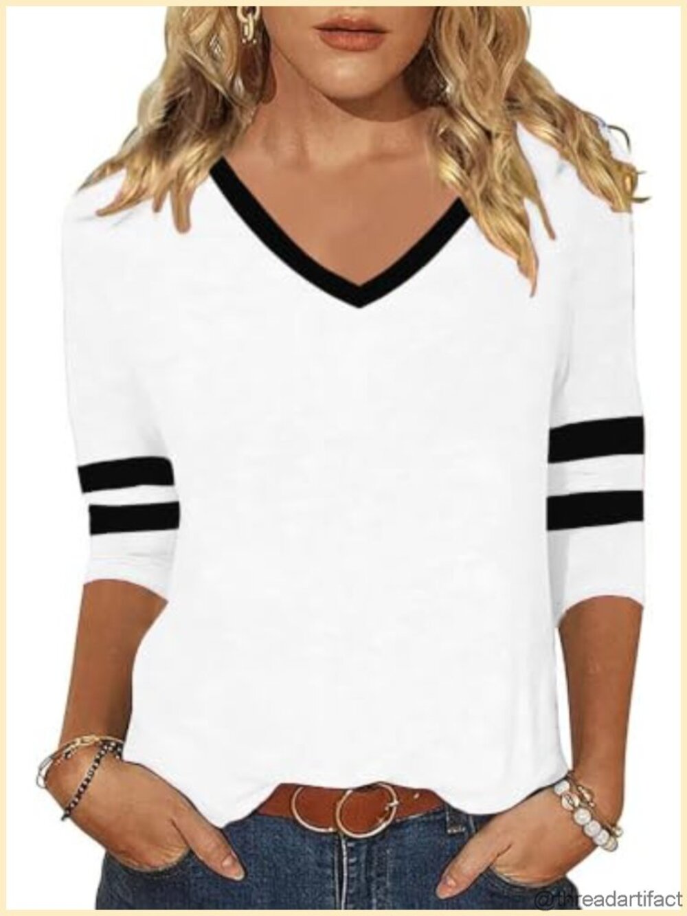 Womens 3/4 Sleeve V Neck Striped Patchwork Cotton Blend Top